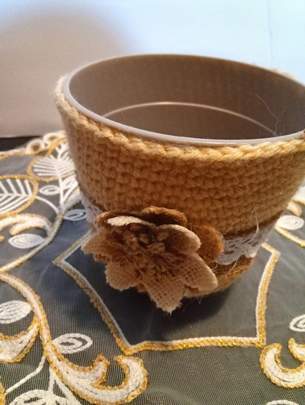 Hand Crocheted Neutral Tan Flower Pot with Decorative Burlap Trim